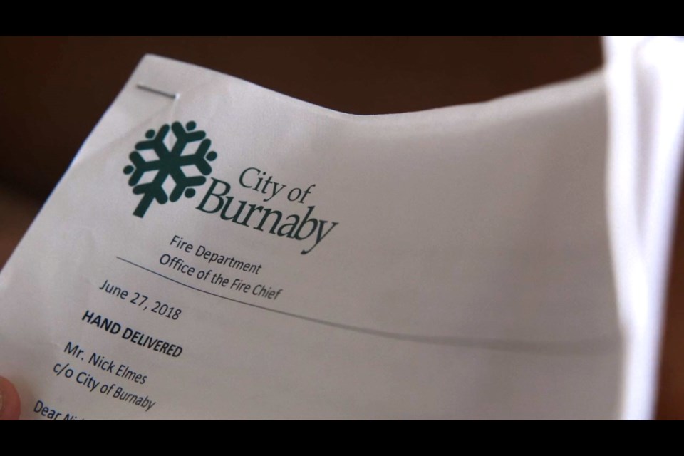 A screen grab from the Florian's Knights documentary shows former Burnaby firefighter Nick Elmes's June 2018 termination letter.