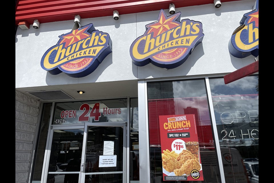 Church's Chicken at 4267 Lougheed Hwy. in Burnaby's Brentwood neighbourhood remains closed after a fire Wednesday.
