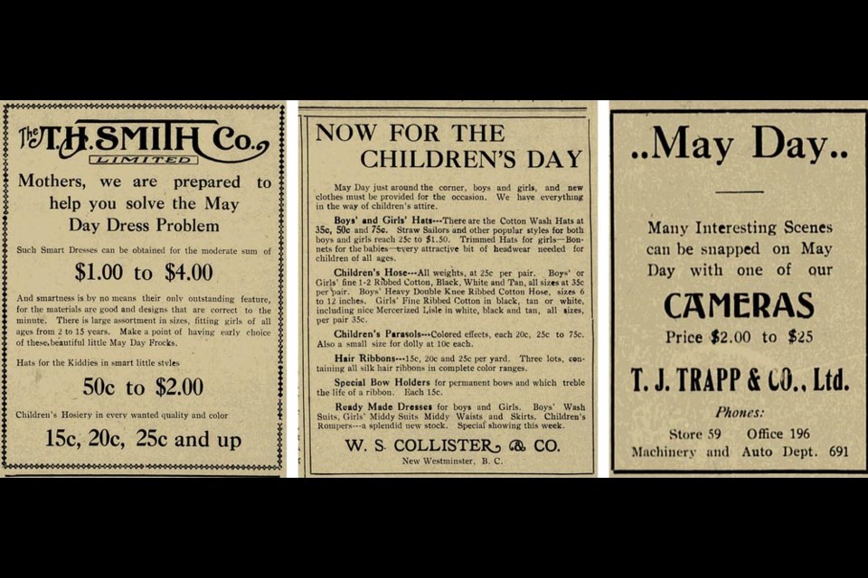 The April 28, 1916 edition of the Pacific Canadian boasted ads designed to help folks get ready for a well-dressed May Day celebration.