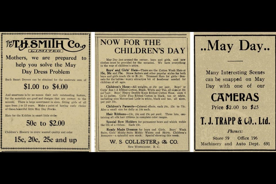 The April 28, 1916 edition of the Pacific Canadian boasted ads designed to help folks get ready for a well-dressed May Day celebration.