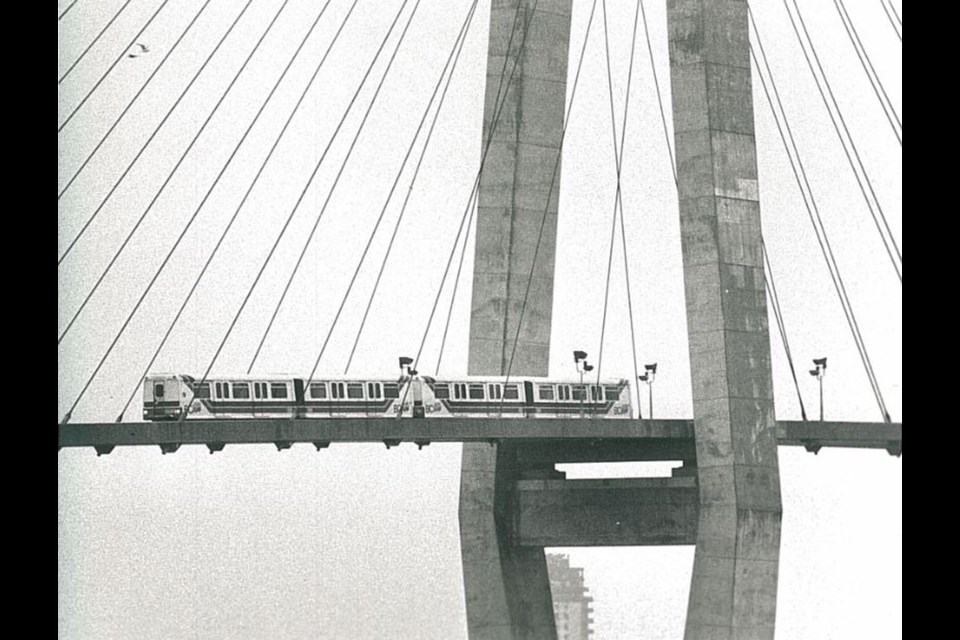 Jan. 21, 1990: A SkyTrain runs over SkyBridge during test runs before the bridge's official opening.