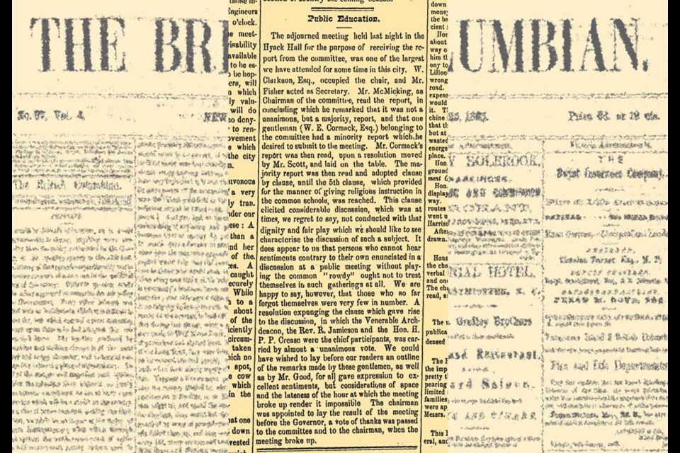 This story from the Jan. 25, 1865 edition of The British Columbian took issue with the behaviour of participants at a local public education meeting.