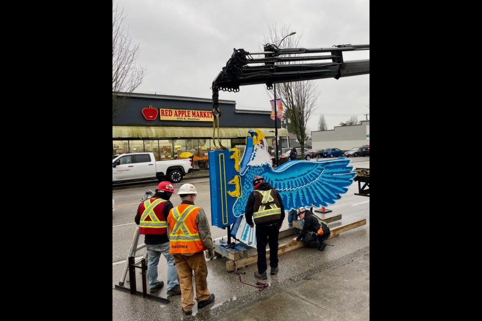 The iconic Ford Eagle neon sign was reinstalled in its original location on Hastings Street in December. 