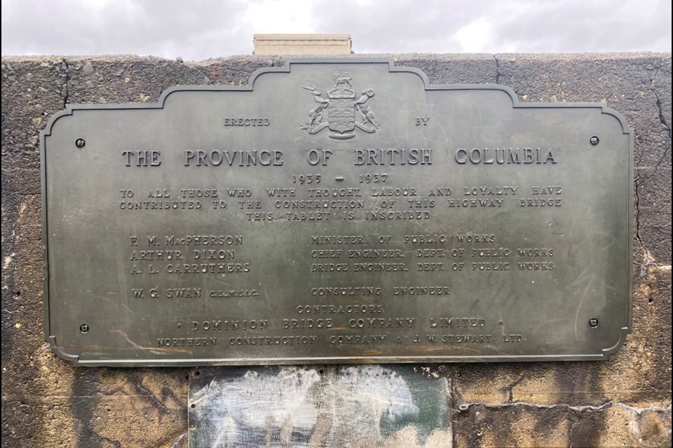 This sign marks the opening of the Pattullo Bridge, which was built between 1935 and 1937.