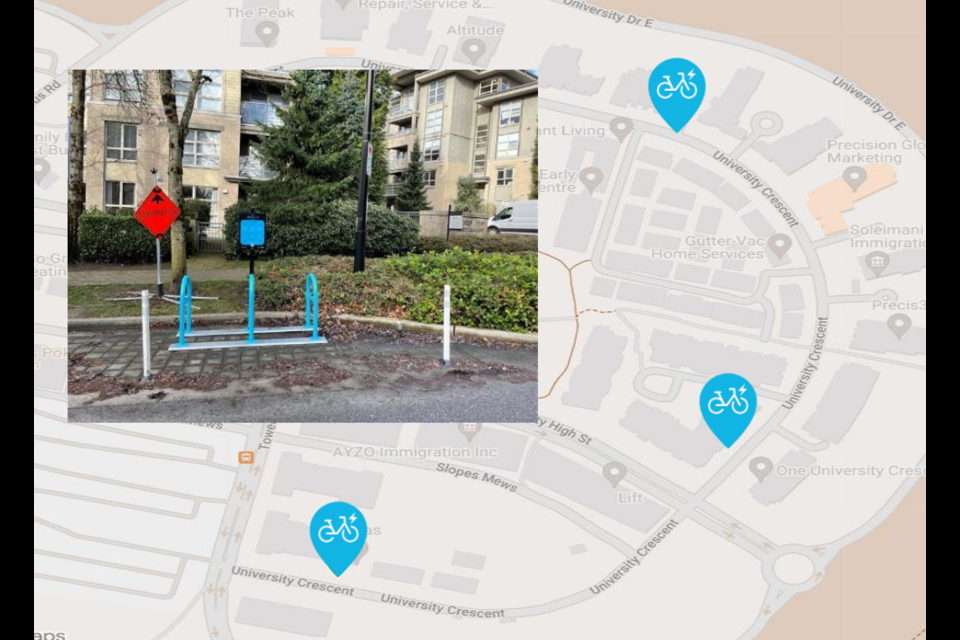 A map of the new BCAA Evolve e-bike share parking stations on Burnaby Mountain.