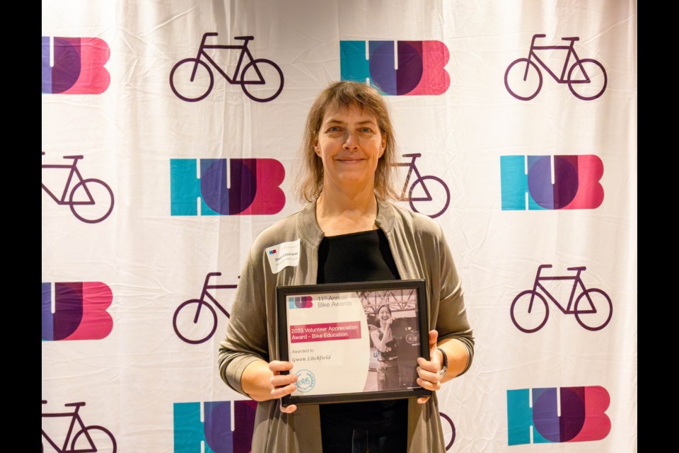 Gwen Litchfield of Burnaby received Hub Cycling's volunteer appreciation award for bike education.
