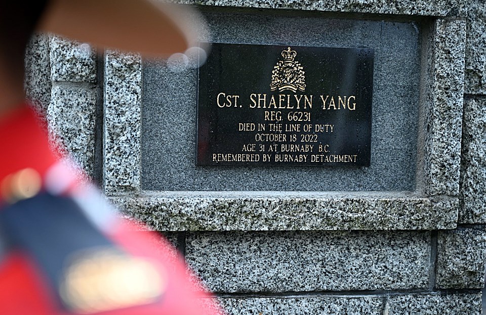 Slain Const. Shaelyn Yang's name was unveiled on the cenotaph outside Burnaby RCMP headquarters Wednesday on the anniversary of her line-of-duty death.