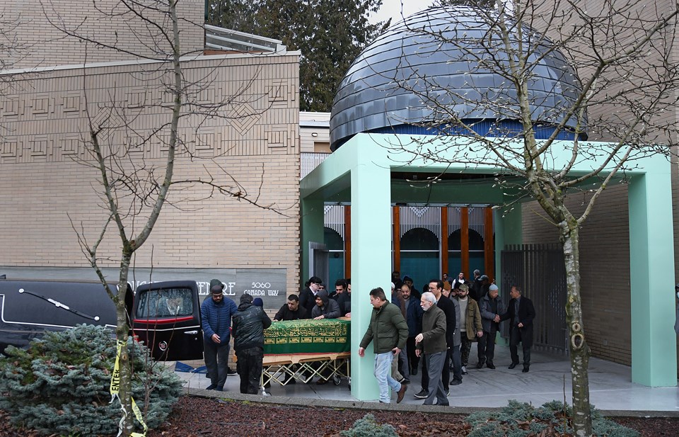 Mourners leave Masjid al Salaam after prayers for a 17-year-old boy shot to death in Burnaby last week.