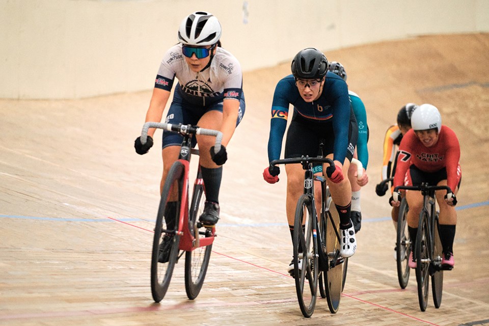 Lauren Fridman of the Burnaby Velodrome Club (middle right) won four medals, including two gold, on her home oval at the 2023 BC Provincial Track Cycling Championships.