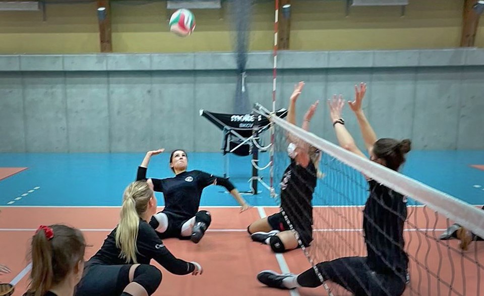 Burnaby's Felicia Voss-Shafiq prepares to spike a ball during a training session with the Canadian women's sitting volleyball team in Shiwa, Japan last week.