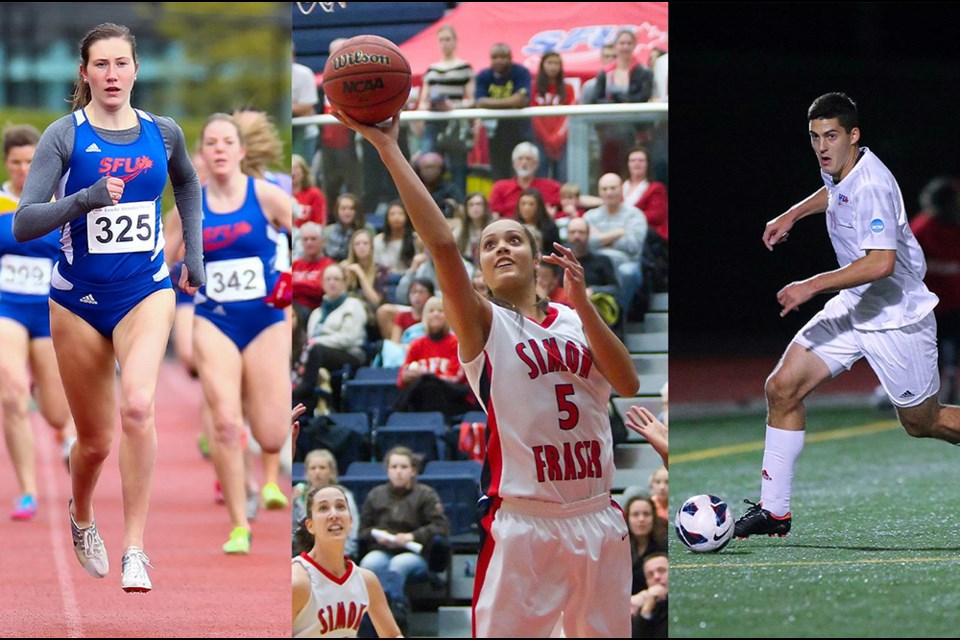 [From left to right] SFU sports alumni Lindsey Butterworth of Burnaby, Nayo Raincock-Ekunwe and Carlo Basso have been shortlisted for the NCAA Div. II Gold Award as part of the league's 50th anniversary.