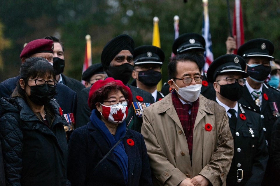 Veterans of the Korean War gathered for a Remembrance Day wreath-laying ceremony at the Ambassador of Peace Korean War Memorial in Central Park.