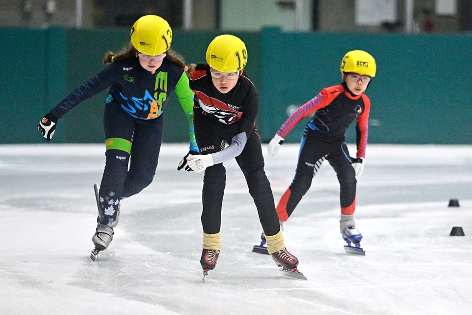 The Burnaby Speed Skating Club Interclub meet returned after being canceled the past two seasons due to Covid restrictions. (Skaters during a 1200 metre division 3 race).