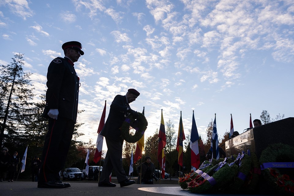 Veterans of the Korean War gathered for a Remembrance Day wreath-laying ceremony at the Ambassador of Peace Korean War Memorial in Central Park.