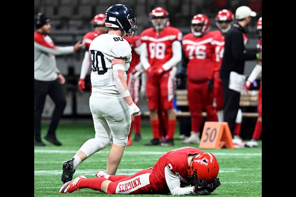 The St. Thomas More Knights battled it out against the GW Graham Grizzlies at BC Place during the B.C. AAA varsity football semi-final on Nov. 26, 2022. 