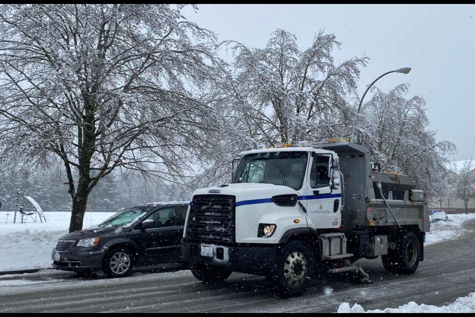 City of New Westminster crews are at work keeping roads clear as snow continues to fall in New West. Environment Canada says we should expect up to 10 more centimetres of accumulation by this afternoon.