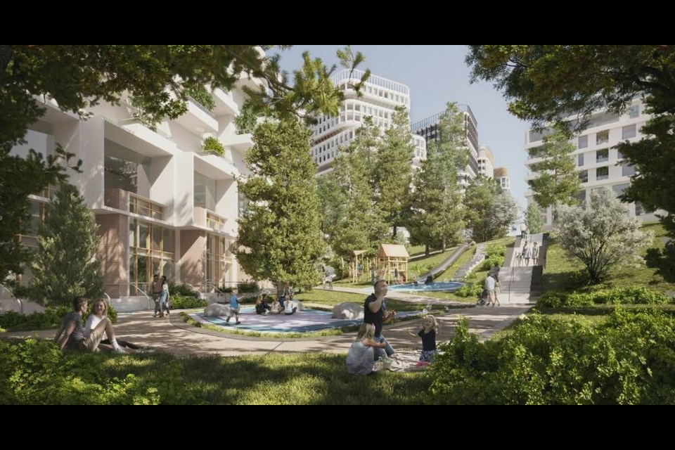 The Serpentine: Two master plans are proposing new neighbourhoods in Burnaby's Bainbridge urban village. The rendering shows the Serpentine, a proposed greenway and community space. Photo Create Properties 