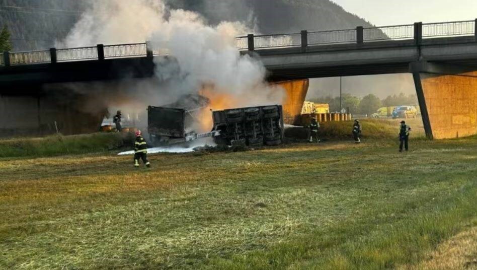 A commercial truck veered into a Highway 1 overpass and caught on fire in Abbotsford Monday after one of its tires exploded. Photo Abbotsford Police Department Twitter 