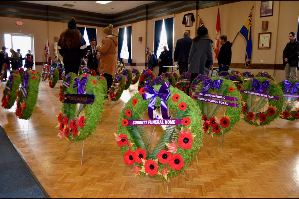 Wreaths assembled in the hall of the Royal Canadian Legion Galt Branch 121.