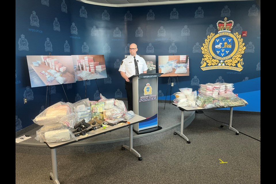 Inspector Greg Hibbert addresses the media at the Waterloo Region Police Headquarters in Cambridge this morning as part of recently completed $9 million drug seizure.