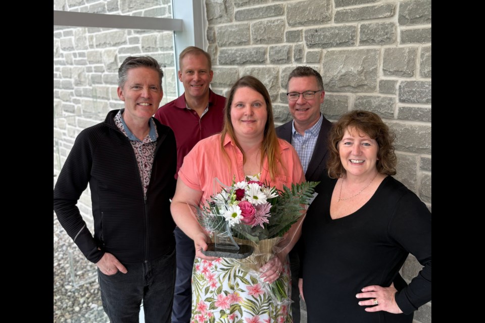 Tammy Saunders won the CambridgeToday Community Builders Award - Unsung Hero L-R: Brian Rodnick, Cambridge Chamber of Commerce, Doug Coxson, CambridgeToday, Tammy Saunders, Community Builders Award Winner, Mike Johnston, CambridgeToday, Liz O'Donnell, CambridgeToday
