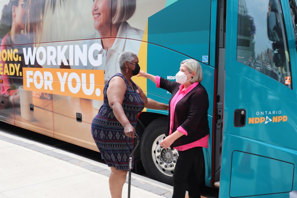 Ontario NDP leader Andrea Horwath greets Cambridge NDP candidate Marjorie Knight. 