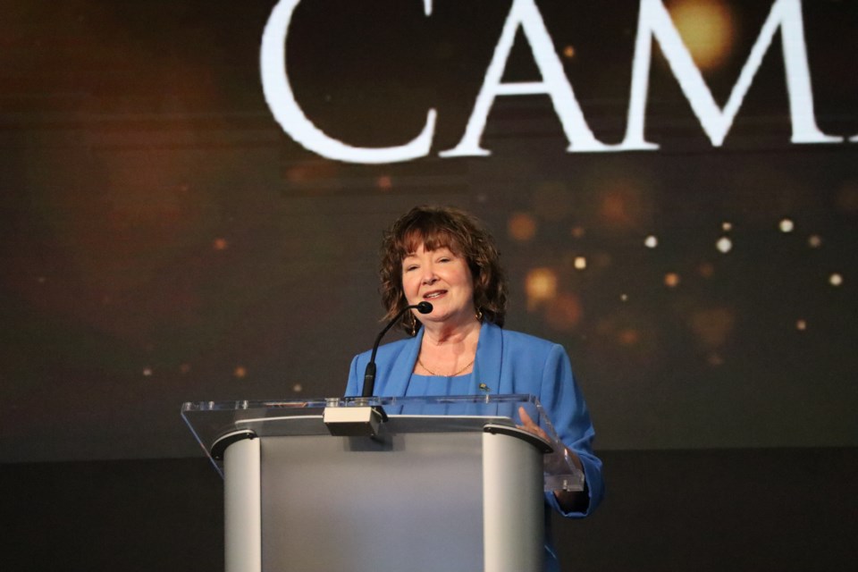 Cambridge mayor Kathryn McGarry gives her first in-person state of the city address since the 2019 at Tapestry Hall in downtown Galt on Monday.