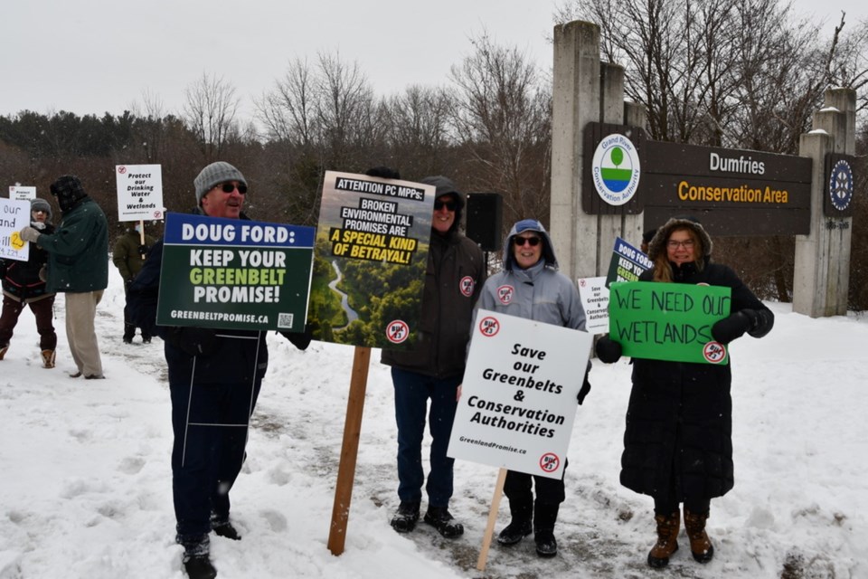 Groups Saturday protested Saturday at Dumfries Conservation Area in Cambridge against what they say are attacks on wetlands and conservation authorities by the provincial government.
Photos by Kevin Thomason and Laura New