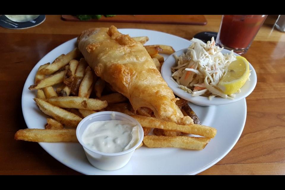 Fish and chips and coleslaw.