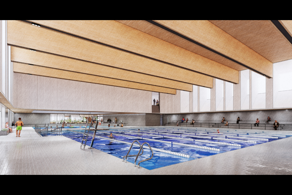 A rendering of the 10-lane 25-metre pool and leisure pool at the new rec complex.