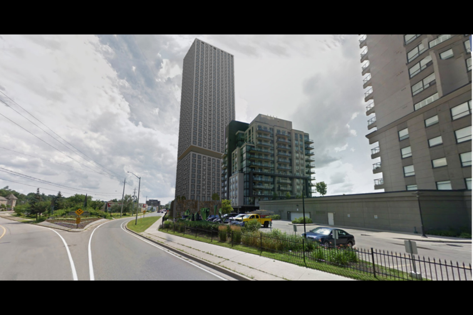 A digital rendering shows a view of the proposed Cambridge Mill Towers, which will include a 37-storey residential and 28-storey hotel building. 