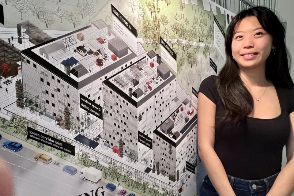 Leanne Li, a third-year undergrad student at the University of Waterloo's School of Architecture, was at Friday’s opening of a Commuting Community exhibit to introduce her ideas on ways to add dense housing options close to a light rail station slated for the Delta intersection.