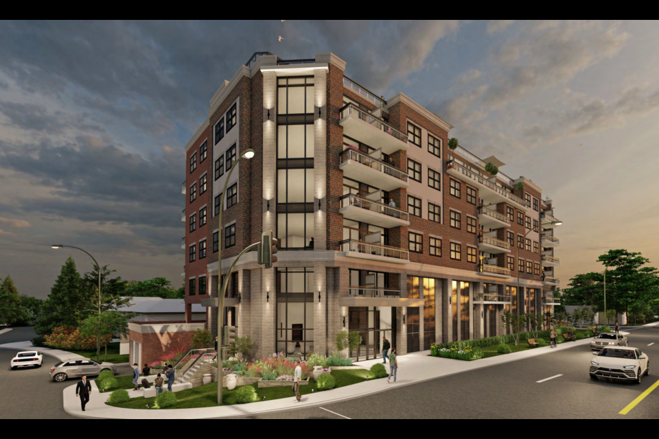 A rendering of the six-storey apartment building proposed for 499 Dundas St. N. in Cambridge