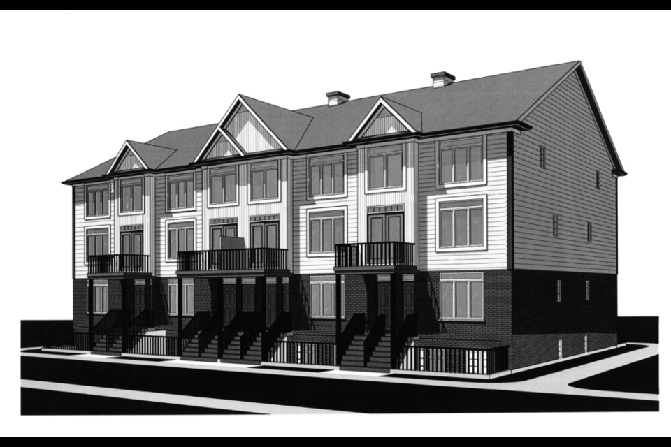 A rendering of one of two stacked townhouse blocks proposed for the site by Habitat for Humanity.