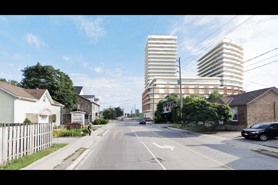 A view of the proposed residential condo and mixed use tower development at 61-69 Ainslie St. S.