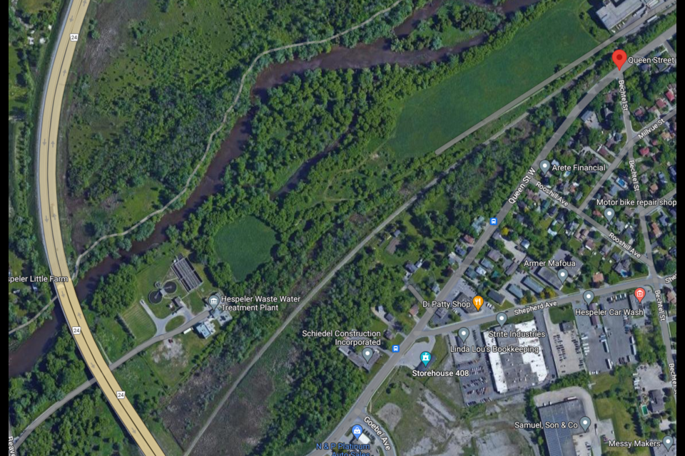 A Google satellite image shows the area in Hespeler the province has established as prime real estate for a mixed-use high-density residential development.