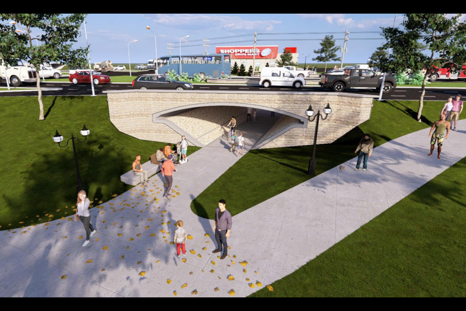 A pedestrian tunnel under Franklin Boulevard is proposed with the preferred option for adding roundabouts to the Saginaw/Elgin and Franklin Boulevard intersection near St. Benedict Catholic Secondary School.
