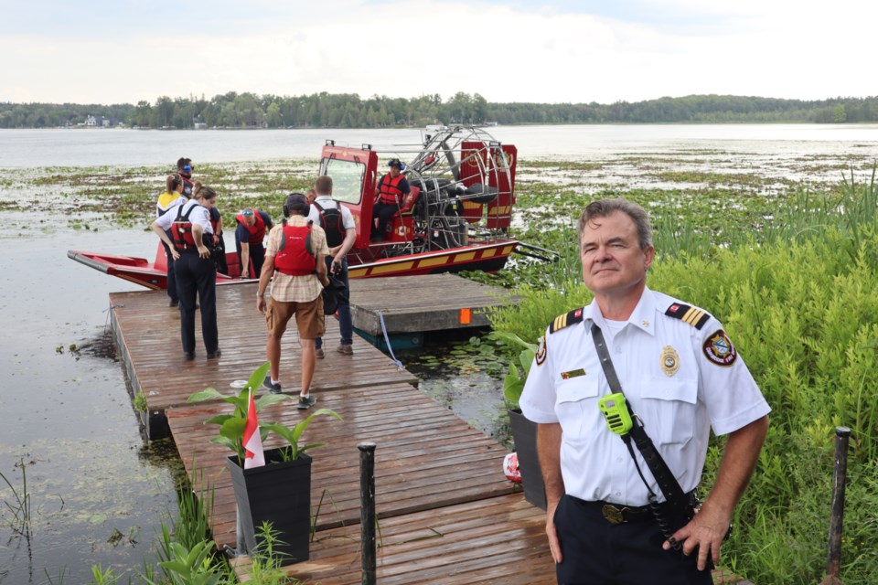 Cambridge Fire Department platoon chief Mark Jones was at Puslinch Lake this week helping to coordinate training for 40 firefighters at eight training stations around the lake.