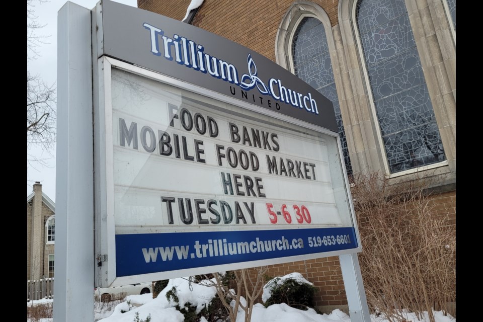 Trillium United Church on King Street East in Preston is one of a number of weekly stops for the Cambridge Food Bank's mobile food market.