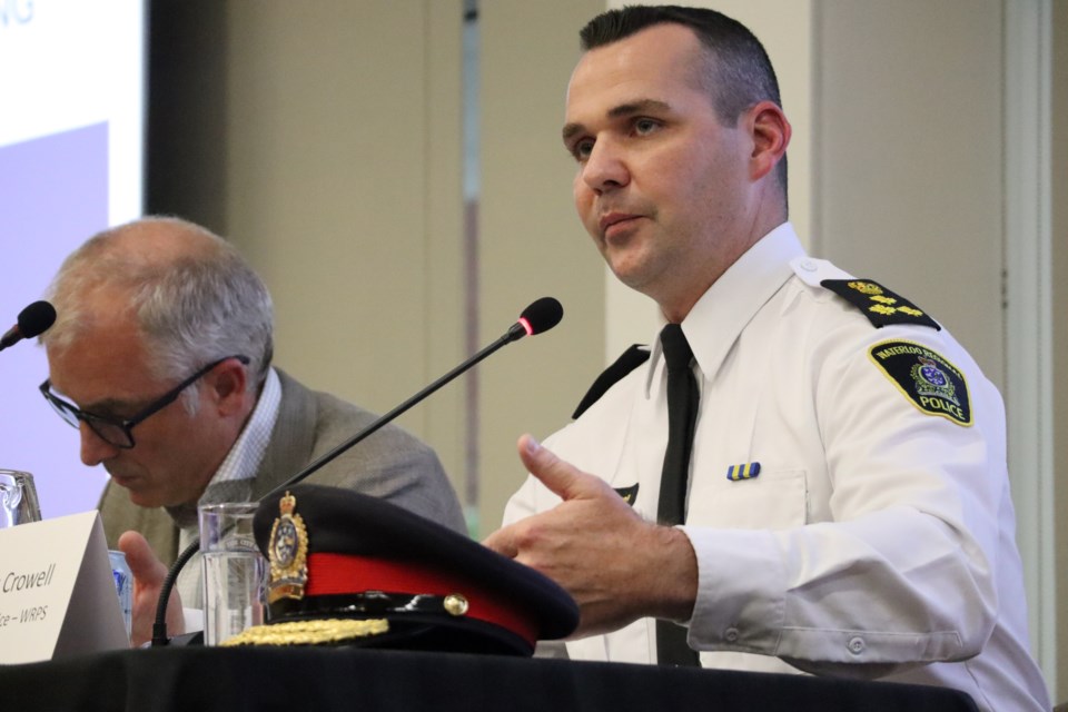 Waterloo region police chief Mark Crowell answers a question during Monday's community safety town hall at Cambridge city hall.