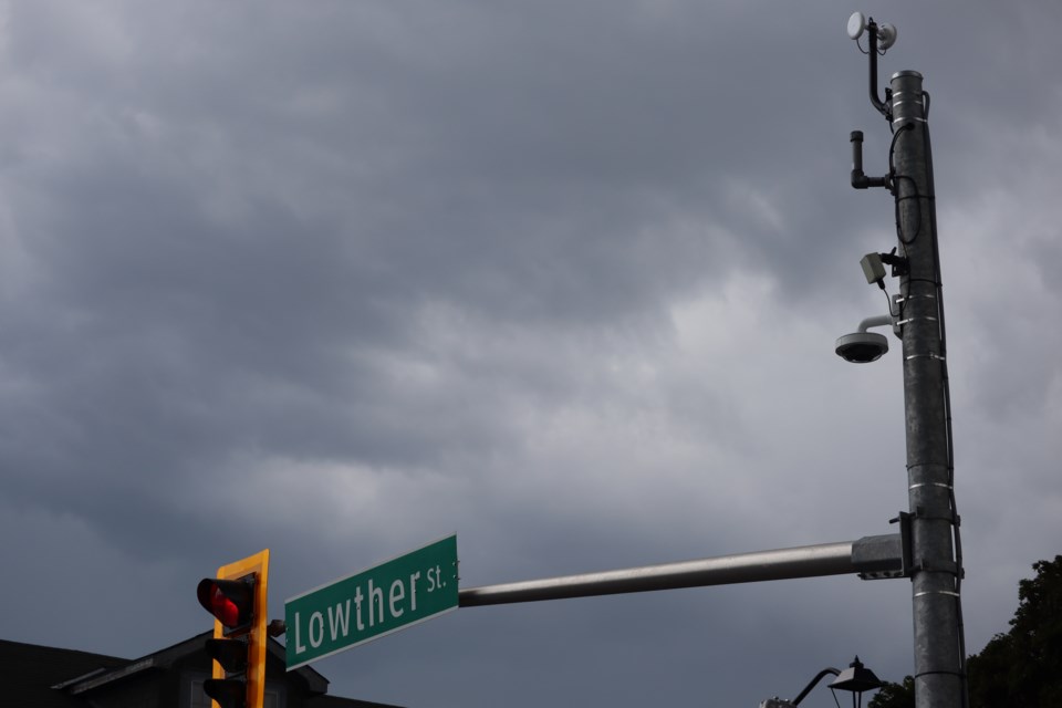 A new security camera installed at the intersection of King Street East and Lowther Street is one of 10 cameras installed by the City of Cambridge in the Preston core this summer.