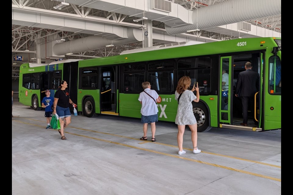 An articulated bus on display during Thursday's launch of the new Grand River Transit maintenance facility on Northfield Drive in Waterloo.