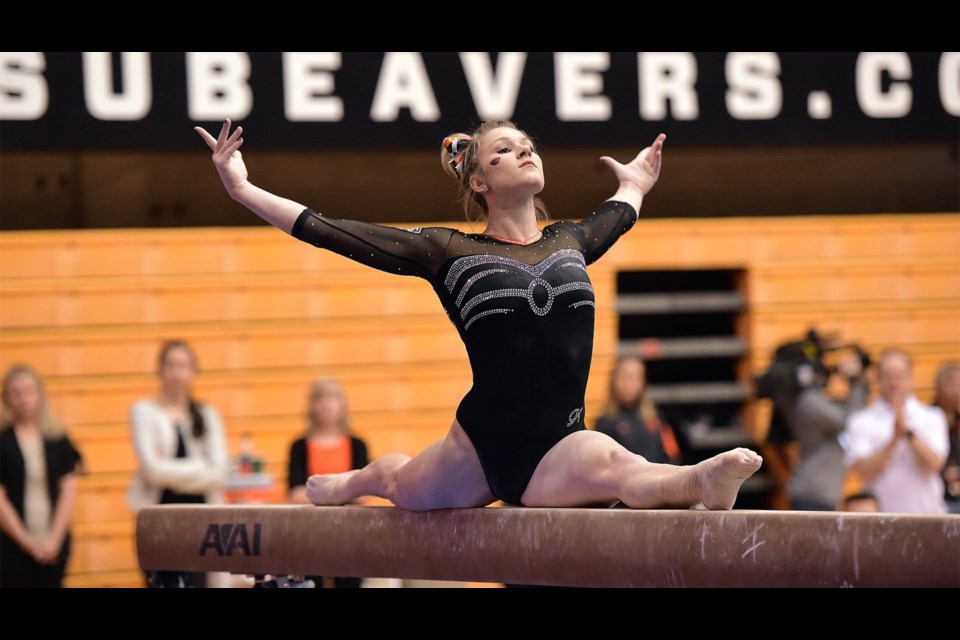 Madeline Gardiner competing at an event for Oregon State University.