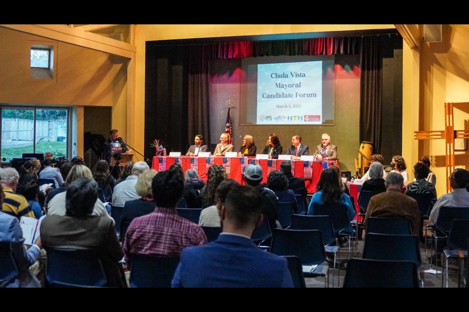 The six candidates for mayor of Chula Vista participated in a forum in which they presented their points of view in response to questions posed by young local technology education students.