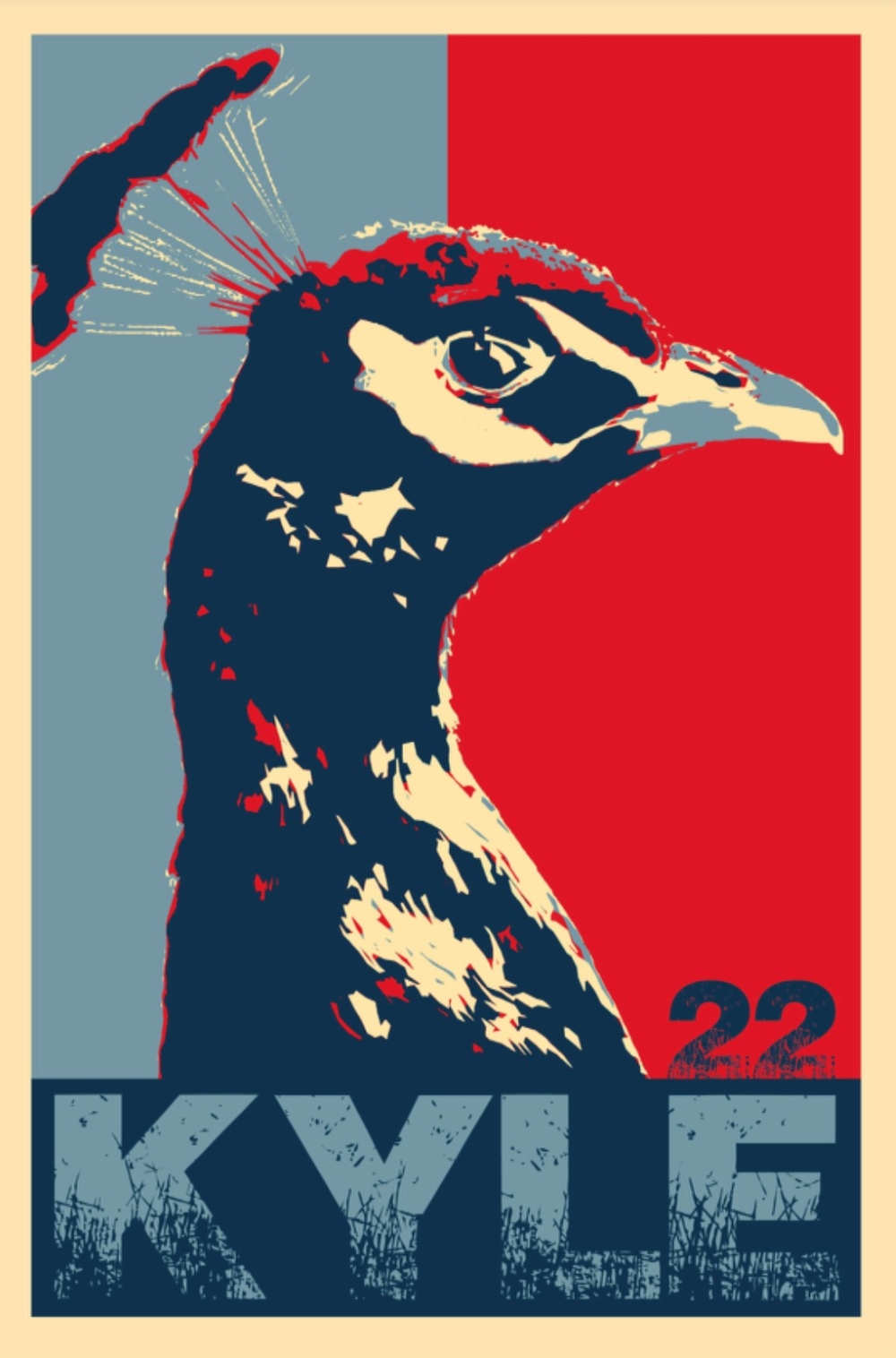 A blue and red election poster of a peacock 