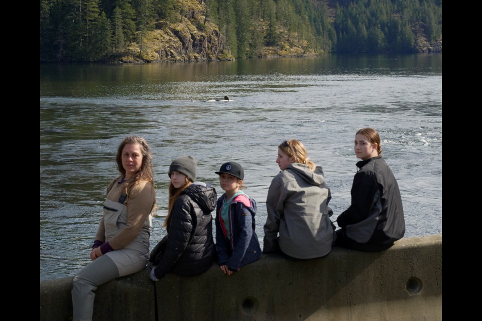 Waiting to help. Left to right: Gem Salsberg, Lucy McPherson, Evvy McPherson, Elyjah Daigle, Poppy McPherson watched the orphaned orca calf on March 23. 