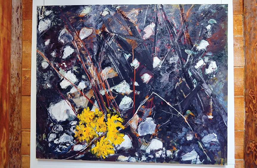 Yellow, by Vicky Marshall, is a 66-by-56-in. work in mixed media on canvas. 