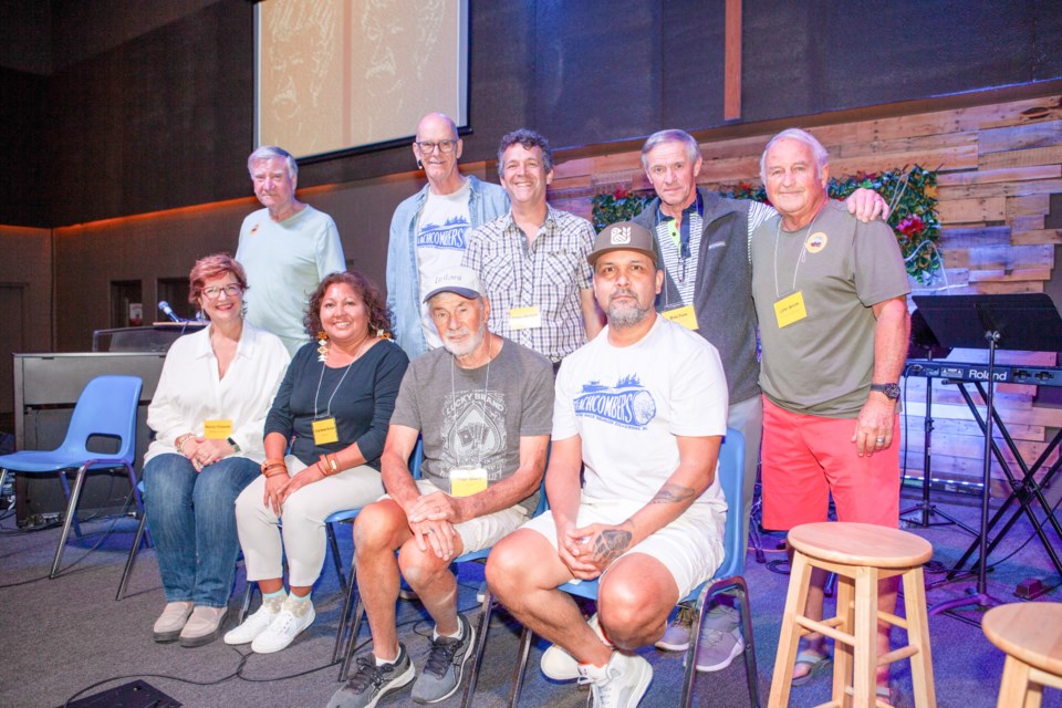 Original Beachcombers cast and crew members assembled last weekend for a scaled-up reprise of a gathering held last fall to mark the 50th anniversary of the iconic TV show’s first episode’s airing.
Upper row, from left to right: Terry Kelly, Jackson Davies, Stefan Winfield, Bob Park, and John Smith. Lower row: Nancy Chapple, Charlene Aleck, Hugh Beard, Cory Douglas.
