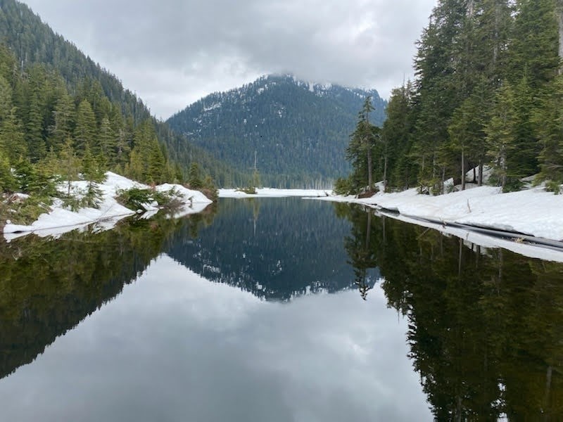 Chapman Lake with snowy shores on June 14