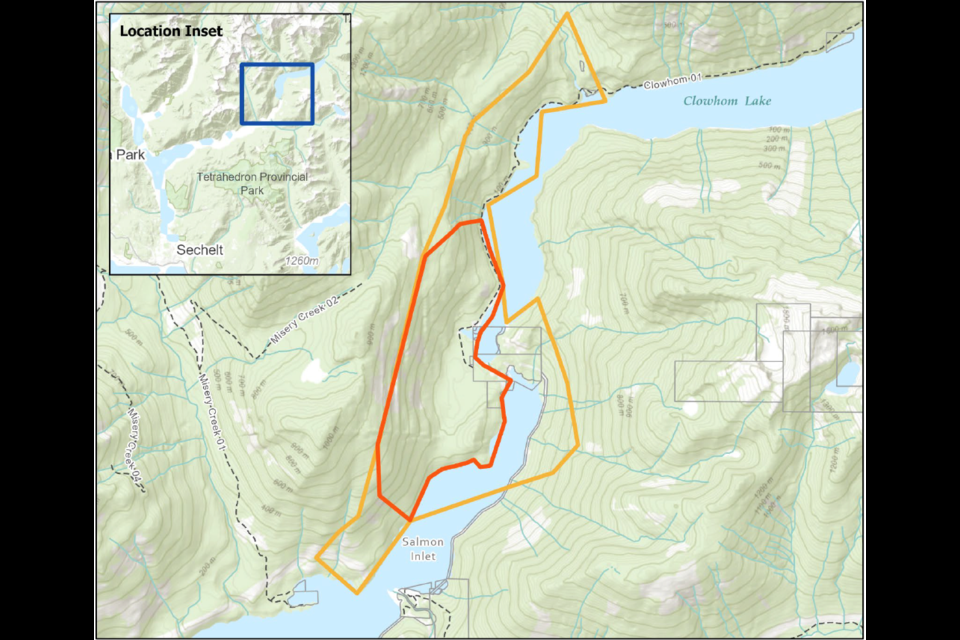 Sunshine Coast Regional District map of evacuation order and alert zones. As of Sept. 15 the Clowhom Lake Fire has grown to 231 hectares. 